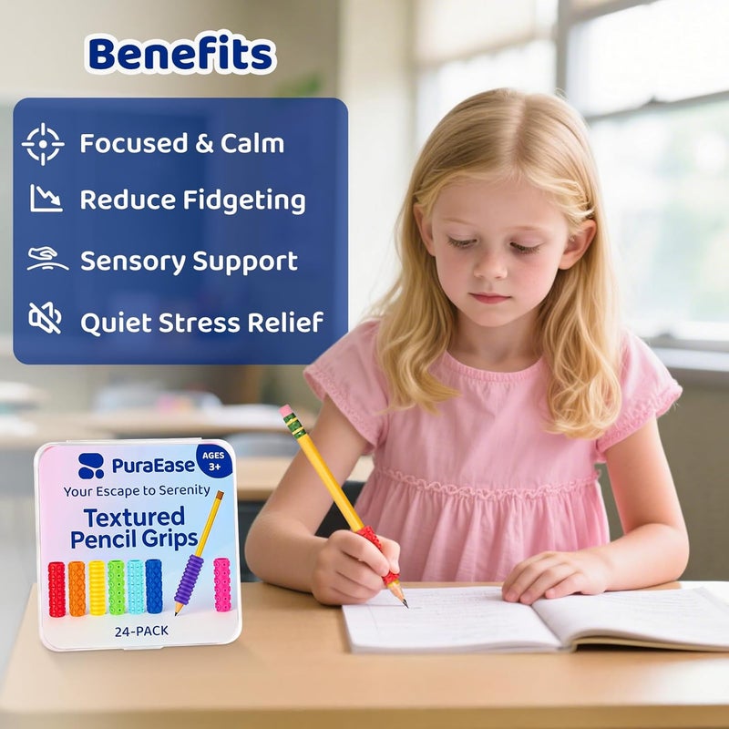 PuraEase Textured Pencil Grips for Kids, Teens & Adults – 24PC Sensory Fidget Toys for ADHD, Autism, Anxiety & Stress Relief - Ideal for Teachers as Educational Tools or Classroom Rewards - Image 4